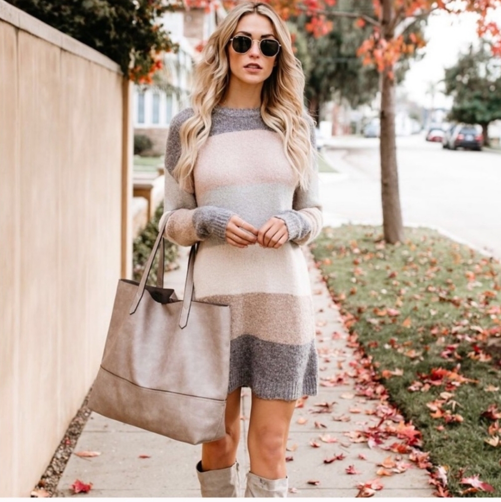 New Striped Color Block Soft Sweater Dress tunic - Picture 2 of 8